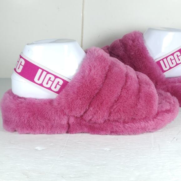UGG Women's Fluff Yeah Slide US8 Fushia Fur Slip-On Flat Slippers Shoes - Picture 10 of 16